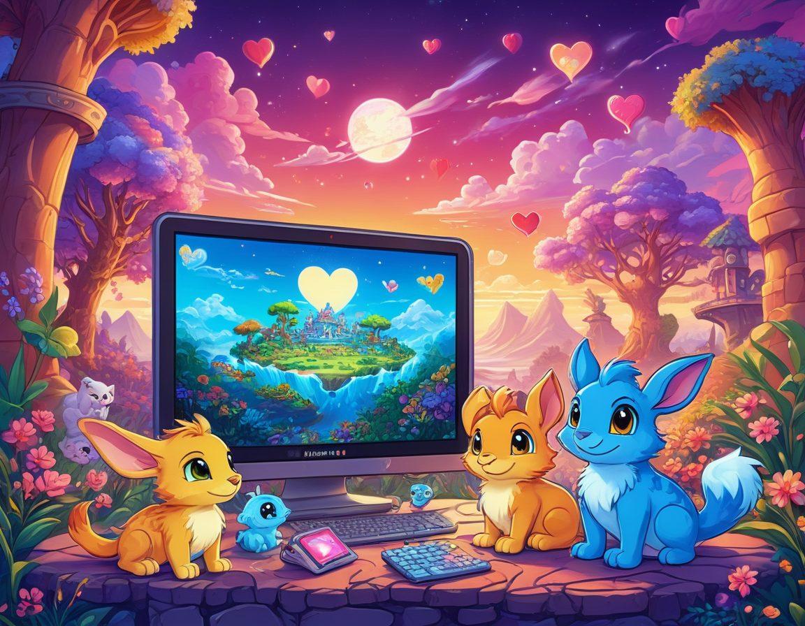 A whimsical scene depicting a group of diverse Neopets fans gathered around an oversized, glowing computer screen displaying Neopets characters. Joyful expressions on their faces as they connect through pixelated hearts floating above, symbolizing friendship and love. Soft pastel colors enhance the warm, nostalgic vibe. Include elements of classic pixel art in the background, like game landscapes and iconic Neopets. vibrant colors. retro pixel art.
